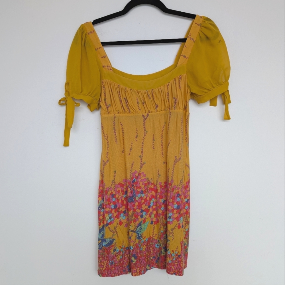 90s VTG Free People Silk Babydoll Empire Floral Boho Puff Sleeve Mini Dress Sz S